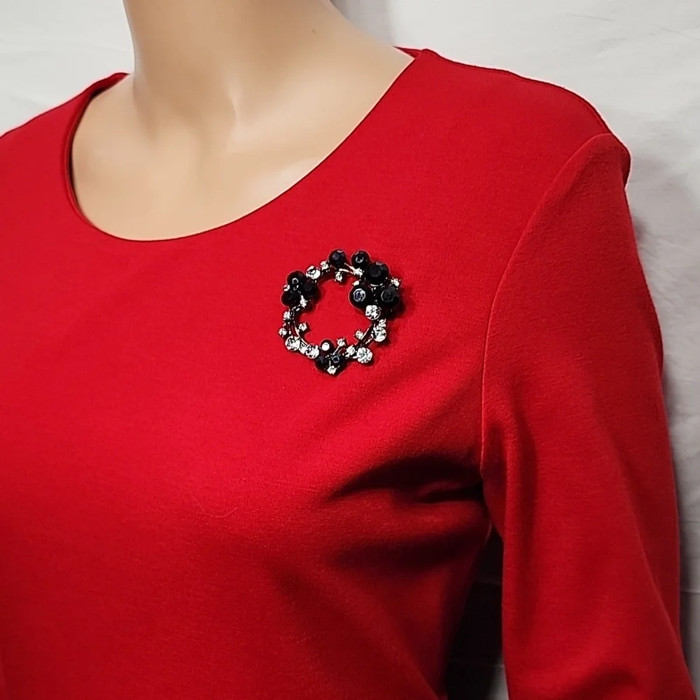 Leslie‎ Fay long Sleeve Pleated Midi Dress Red And Black Size 12 NWT